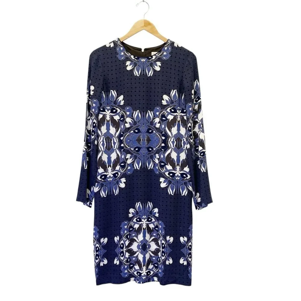 Tory Burch Blue Floral Medallion Sheath Dress Size 10 Jersey Long Sleeve Stretch